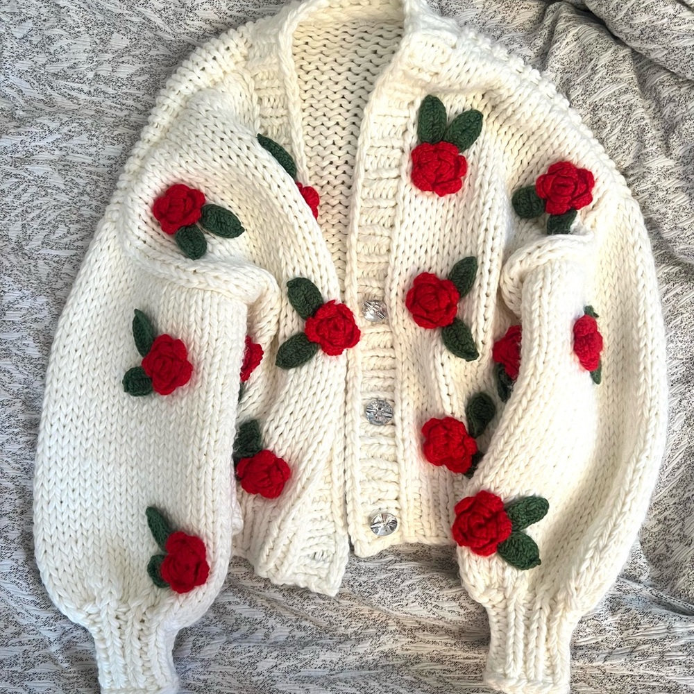 NWOT Chunky Oversized Hand Knitted Cardigan with Roses